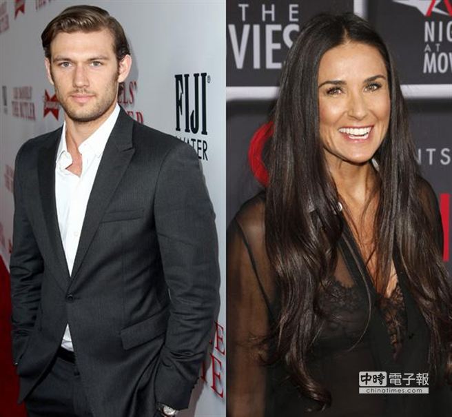 美國影星黛咪摩爾(右)離婚後桃花不斷，傳出最近與年僅23歲的英國男星艾力克派帝佛在夜店調情，讓這對相差28歲的「母子戀」傳聞，更具話題性。(美聯社資料照片)