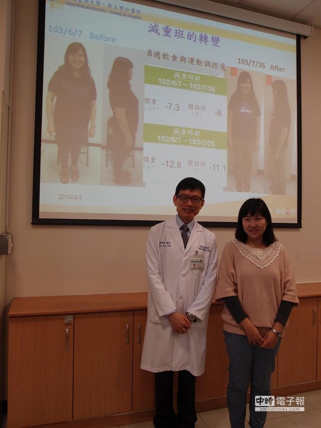 雙和醫院復健醫學部主任劉燦宏與減重成功個案楊小姐合影。（葉書宏攝）