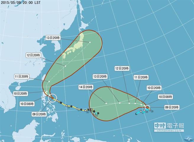第6號颱風紅霞（左）和第7號颱風白海豚（右）。(中央氣象局提供)