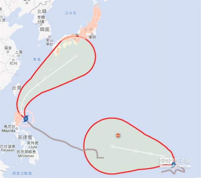 中央氣象局發布紅霞颱風海上警報，圖中紅色區塊包括台灣東南部海面、巴士海峽等都被列為高度警戒區。（圖取自中央氣象局）