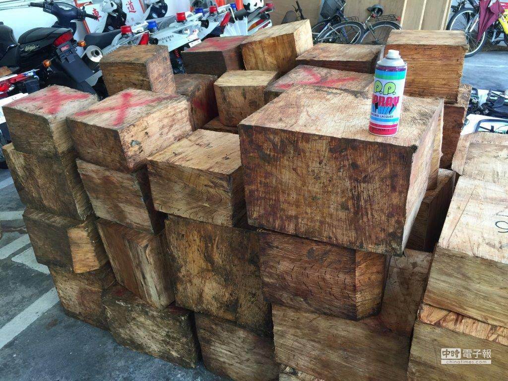 南投檢警今晨破獲盜木集團，起出1級針葉木台灣扁柏塊材85塊、總重3525公斤，市值約400萬元。（沈揮勝翻攝）