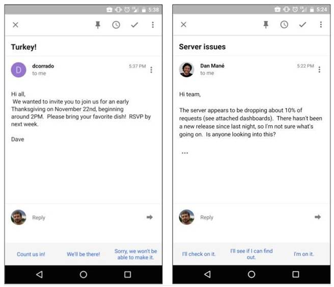 Inbox by Gmail App即將加入智慧回覆功能，協助你快速回覆電子郵件。(取自Google Search Blog)