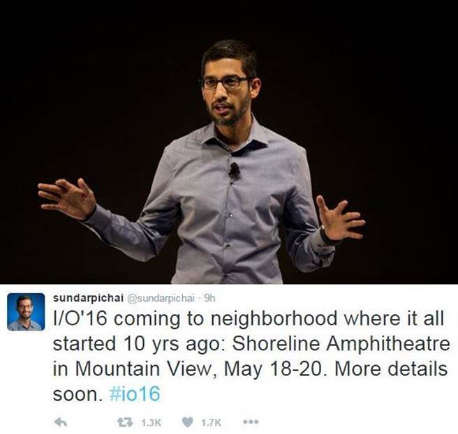 Google CEO Sundar Pichai在個人Twitter上宣布Google I/O 2016召開時間。(圖／美聯社、翻攝Twitter)