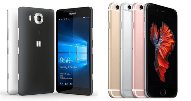 左為微軟Lumia 950手機，右為蘋果iPhone 6s。對比兩個品牌的手機銷量，蘋果成功打臉IDC，一雪當年被看衰的前恥。(圖／翻攝微軟與蘋果官網)