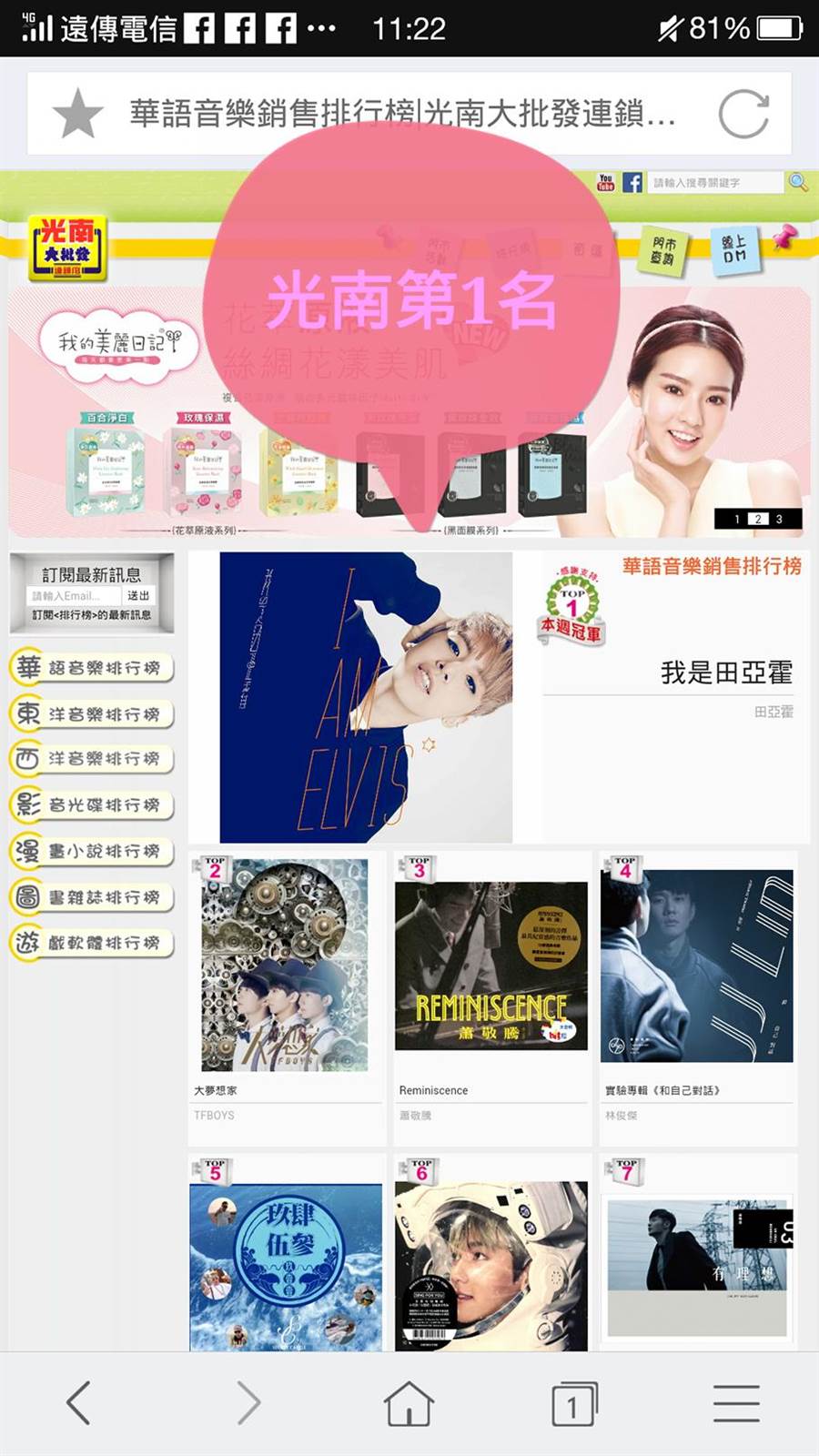 田亞霍的專輯在光南銷售排行榜名列第一。取材自網路