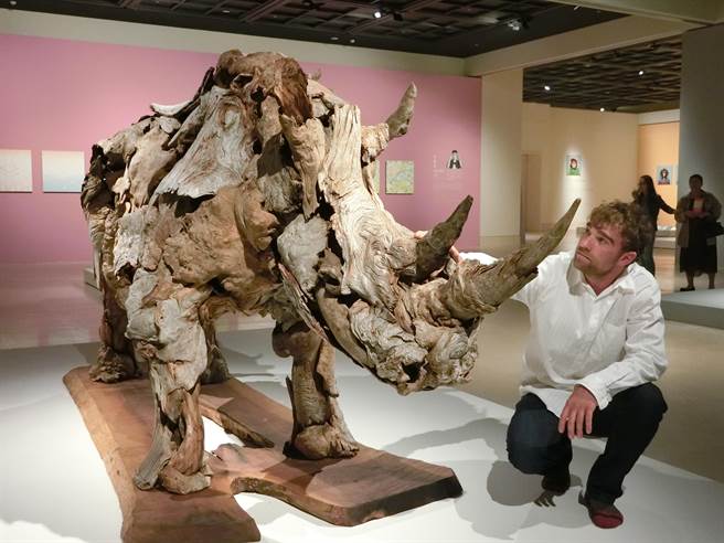34歲美國藝術家傑夫洛．烏伊托用漂流木拼出犀牛。(曹婷婷攝)