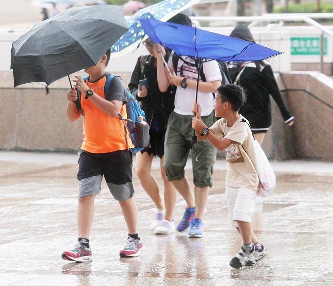 馬勒卡颱風帶來的強風，讓不少民眾手中的雨傘開花。（資料照／楊兆元攝）