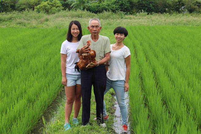 徐筠茹（右）及徐珮瑄（左）向他們的阿公（中）學習閹雞技術。（教育部提供）