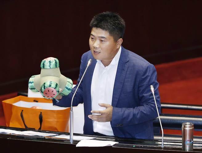 立委顏寬恒在18日立法院質詢中解釋消波塊的由來。（姚志平攝）