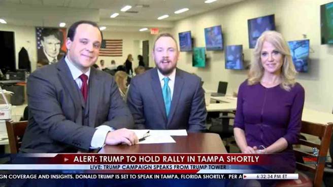 川普在臉書專頁上推出半個小時的競選節目，主持人Epshteyn(左一)、Sim(左二)和競選團隊經理康威。(圖取自川普臉書)
