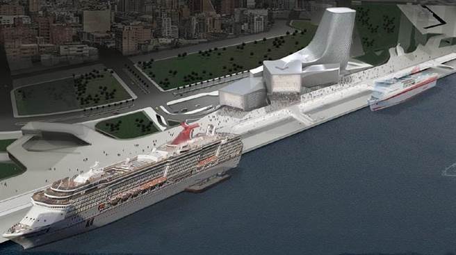 耗资45亿元的高雄港埠旅运中心俯瞰模拟图，银白色船体建筑可同时停泊2艘国际级观光邮轮。 （高雄港务分公司提供）