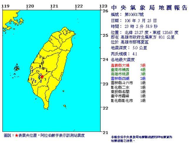 高雄那瑪夏25日晚間11時發生芮氏規模4.1地震。（圖／取自中央氣象局）