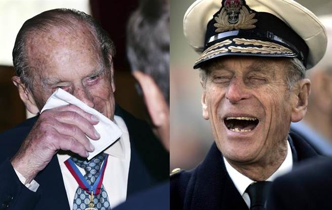 （左）英国菲立普亲王4日宣布退休不免感伤，但还是忍不住要拿来开开玩笑。图为他在圣詹姆士宫的皇家教堂，出席功绩勋章（Order of Merit）得主的活动后发表谈话，并拿手帕擦脸。（右）菲立普亲王2006年11月9日与老兵谈笑的神情。（图/美联社）