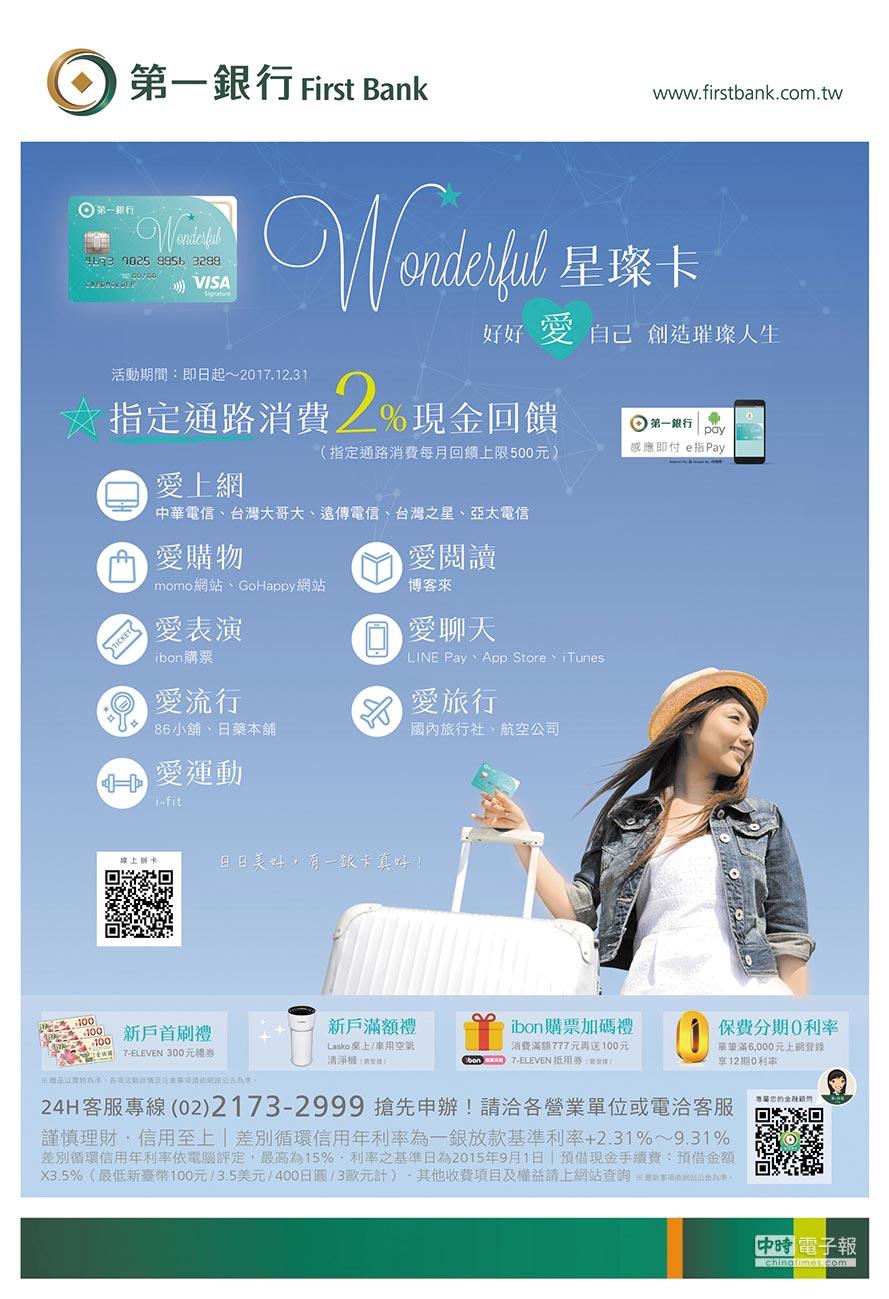 一銀發行wonderful星璨卡消費享2 現金回饋 焦點新聞 旺報