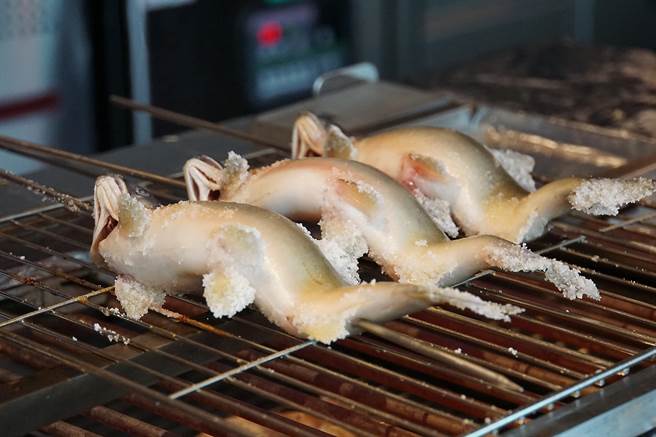 在「炙丘」區可以見到一尾尾胖嘟嘟的香魚現場炭烤。（圖／姚舜攝）
