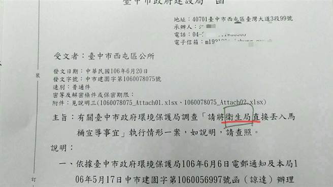 台中市建設局發的公文，錯把衛生紙誤植為衛生局，引發嘩然。（馮惠宜翻攝）
