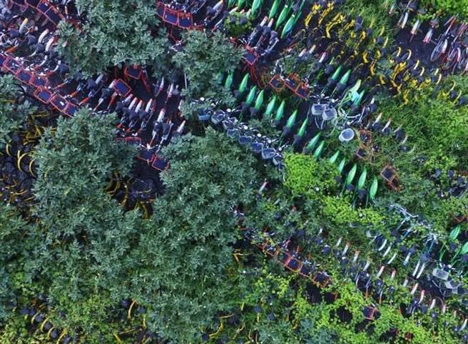 棄置共享單車形成髒亂與安全問題，只能由市政部門集中管理，聚集在空地上任憑日曬雨淋。（圖／中新社）