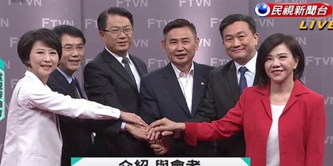 民進黨6位台南市長參選人齊聚一堂參加電視辯論會。（翻攝畫面）