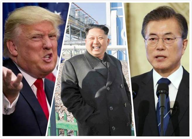 美國總統川普(左)、北韓領導人金正恩(中)、南韓總統文在寅(右)。(新華社、美聯社資料照)