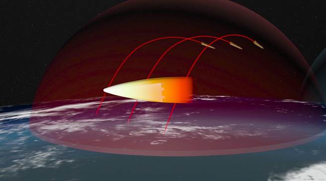 电脑模拟动画显示，俄罗斯高超音速飞弹避开飞弹防御系统，向目标飞去。（美联社）