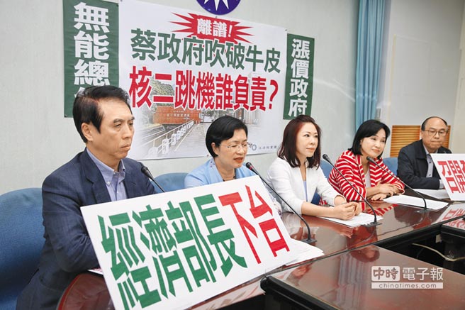 國民黨立委陳學聖（左起）、王惠美、李彥秀、柯志恩、蔣乃辛等人29日舉行記者會，要求經濟部長下台。（姚志平攝）