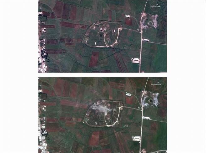 美英法日前联手针对叙利亚展开军事攻击，上图为攻击前的叙利亚卫星照片，下图为遭到攻击后的卫星照片。(图/美联社)