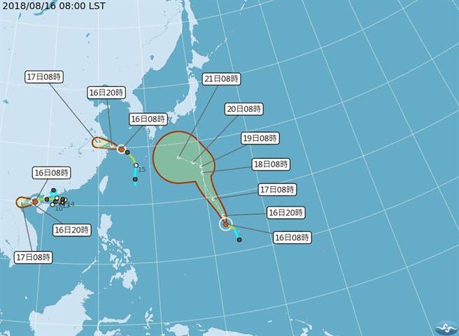 蘇力颱風（右）上午生成，棕櫚（中）、貝碧佳（左）兩個輕颱也還在。（圖／取自氣象局網站）
