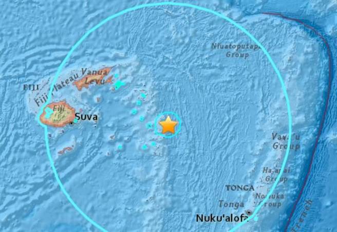 太平洋群島發生強烈地震，美國地質調查局測得斐濟規模8.2、東加8.0。(圖/USGS)
