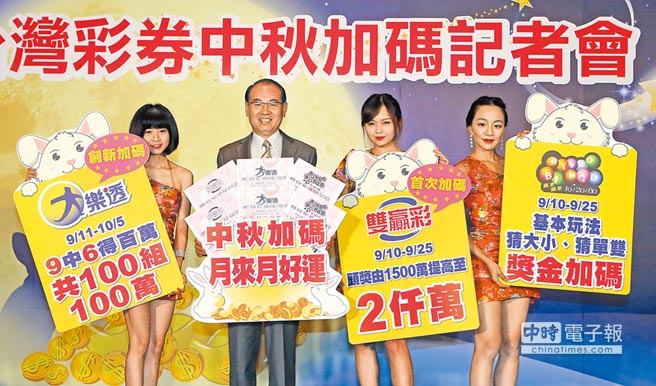 台灣彩券公司中秋加碼，由總經理蔡國基（左二）宣布豐富的加碼內容。（本報資料照片）