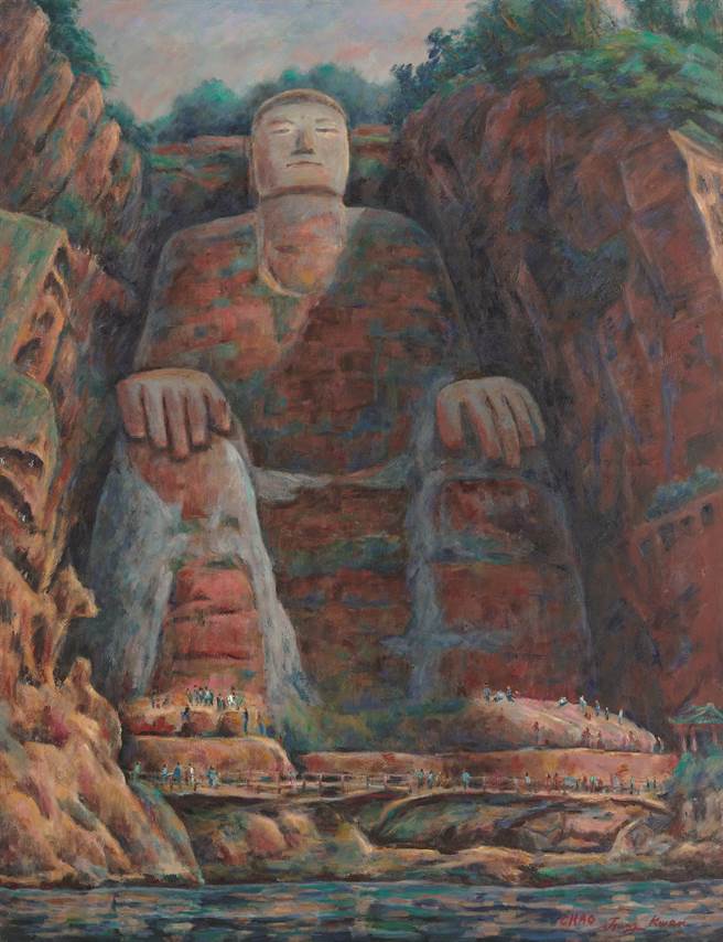 醫師畫家趙宗冠近年到各地旅遊，畫下世界文化遺產，圖為油畫《樂山大佛》。（趙宗冠提供）