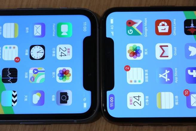 iPhone XR（左）與 iPhone XS Max螢幕對比。（圖／黃慧雯攝）

