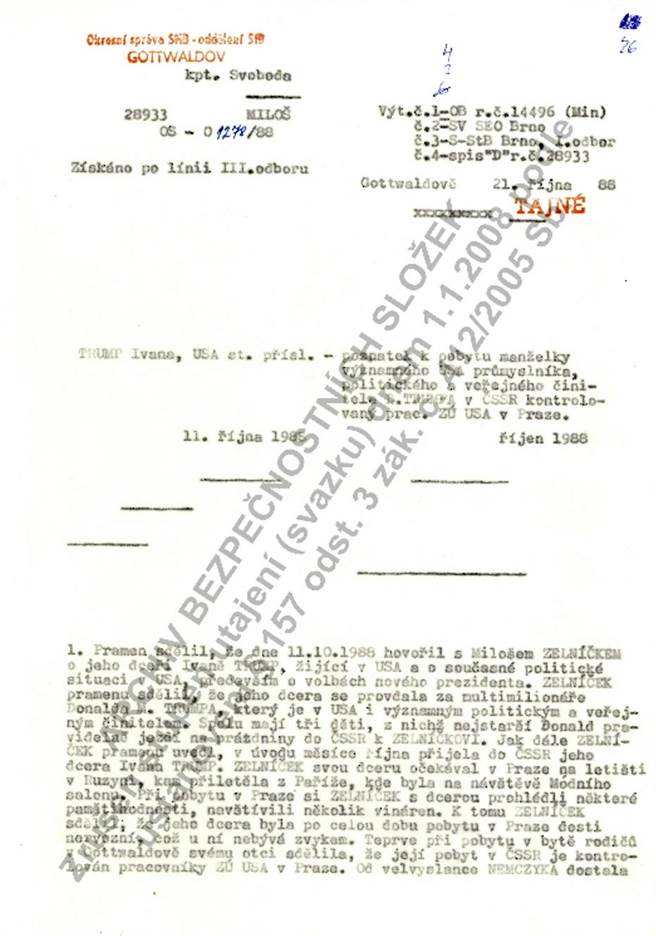 图中是捷克国安局解密檔案的一页，记载着国安局认为与捷克女子伊凡卡结婚的美国商人唐纳．川普将在1996年以独立候选人的身份赢得美国总统大选。（图／美联社）