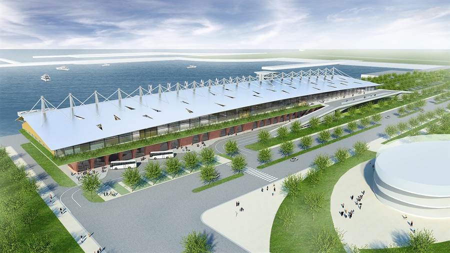 金門「水頭港大型旅客服務中心新建工程」陸側景象模擬圖之一。（縣府提供）