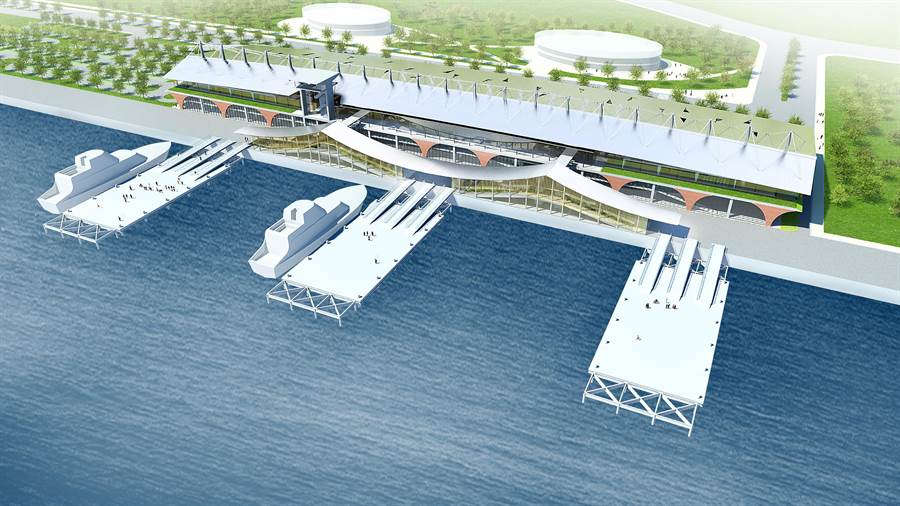 金門「水頭港大型旅客服務中心新建工程」海側景象模擬圖。（縣府提供）