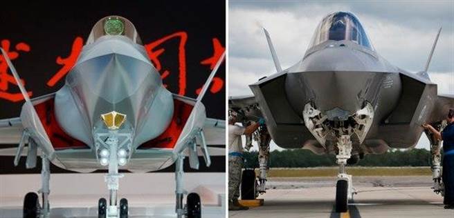 图左为中国正在测试中的FC-31战机，图右为美国F-35战机。兰德公司认为中共空军很多技术与战略都复制美国空军。（图／AP via 空军时报）