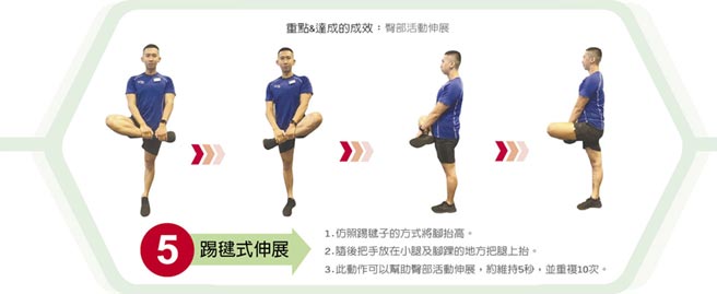 5 踢毽式伸展1.仿照踢毽子的方式將腳抬高。2.隨後把手放在小腿及腳踝的地方把腿上抬。3.此動作可以幫助臀部活動伸展，約維持5秒，並重複10次。