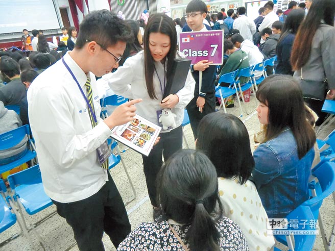 開南商工同學全程英語向日本茨城縣下館第一高校學生介紹台灣美食。