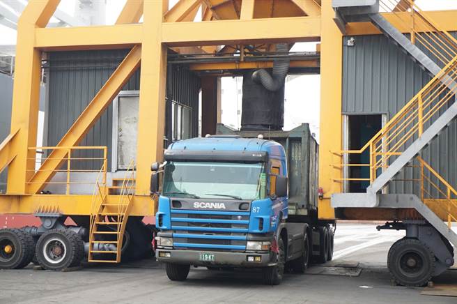 建新公司配置自動化密閉式環保裝卸機具，散裝銅土透過輸送帶卸裝至貨車。（王文吉攝）