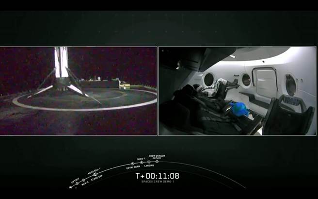 乘員飛龍內部情況，座椅上有與太空人模型，另外還有一個「地球君」人偶。(圖/youtube截圖)