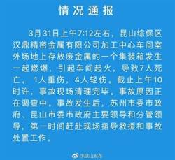 台資昆山工廠貨櫃箱燃爆起火 已致7死5傷