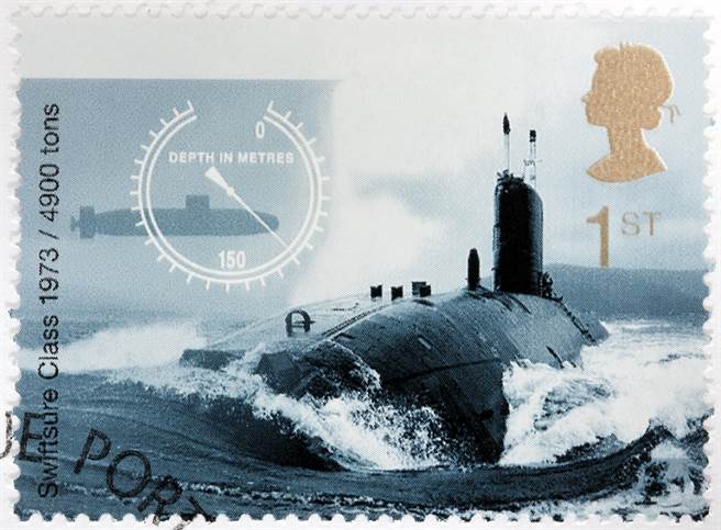 出现在英国邮票上的迅捷级（Swiftsure-class）核潜舰。（达志影像/Shutterstock）