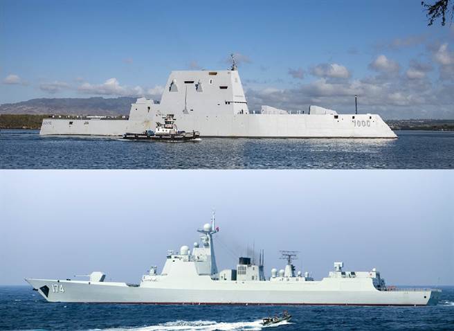 美朱瓦特艦（上）與中共055艦（下）都是萬噸以上的大型戰艦，但功能與設計完全不同。（圖／合成圖）