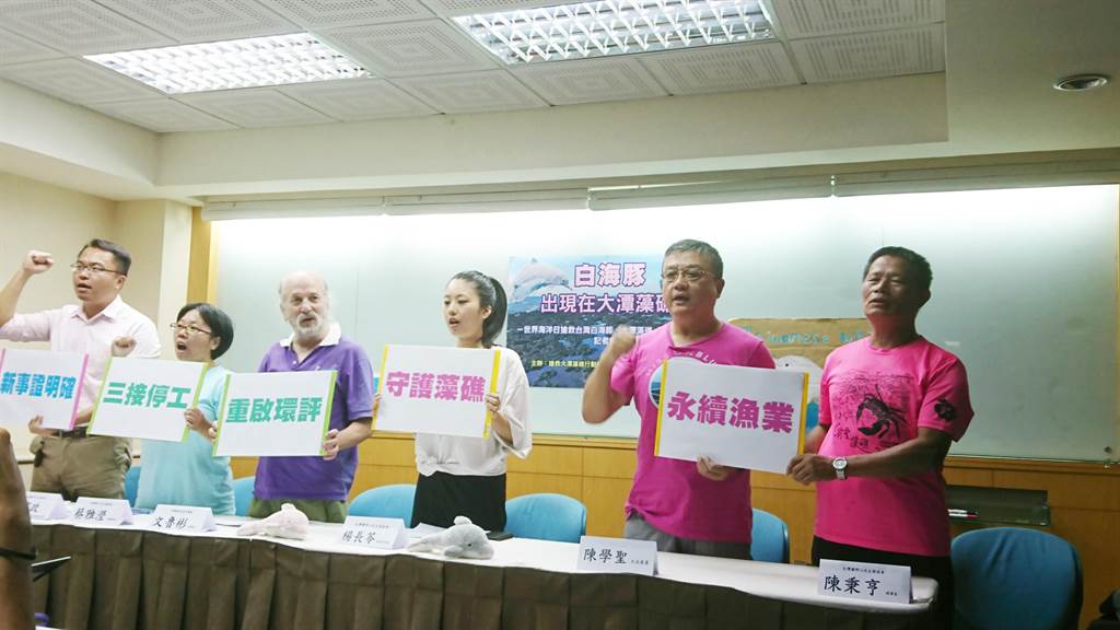 環保團體表示，大潭藻礁海域發現台灣白海豚的蹤跡，中油三接站應停工。（廖德修攝）