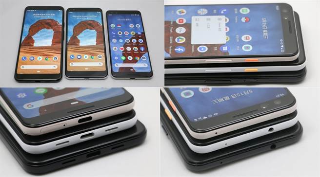Google Pixel 3a XL、Pixel 3a以及Pixel 3机身对比。(图／黄慧雯摄) 