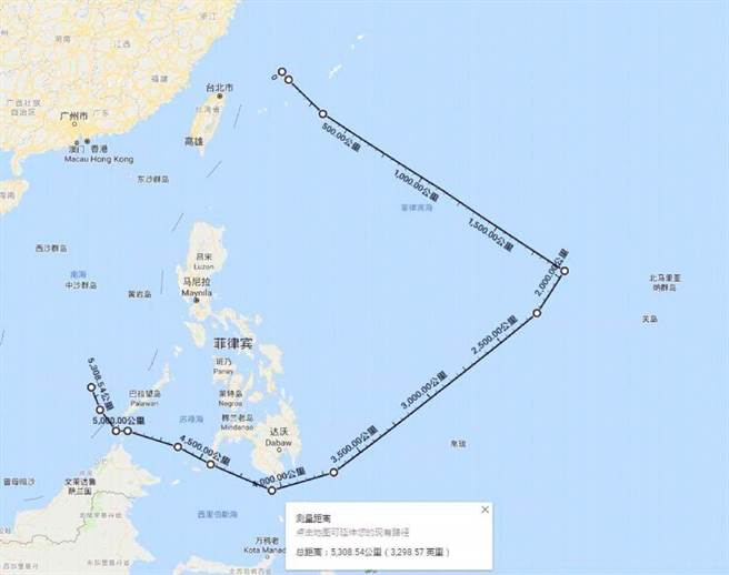网上流传的辽寧舰编队遶行西太平洋航迹图，未获证实其来源，但大致与外界获知的航行路线相符，有参考作用。（图／网路）