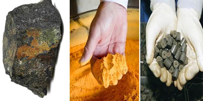 铀矿石、黄饼与燃料丸，铀元素的加工过程。(图/网路)