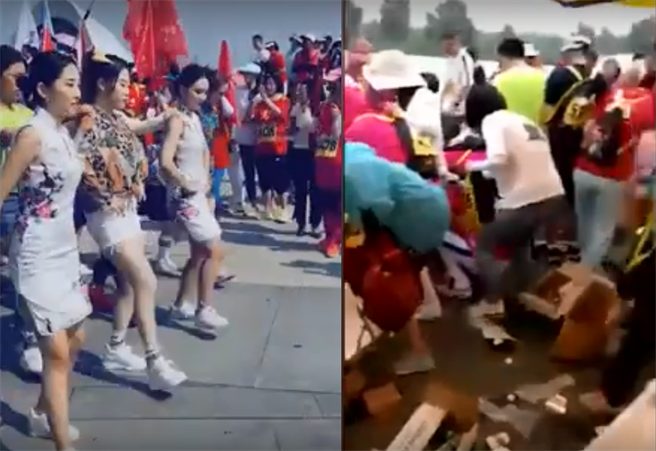 大陆城市乐跑哈尔滨场的主办单位才在欢喜进行开幕式，一旁大妈就把供选手使用的补给水瓶哄抢而光。（图／网路影片）