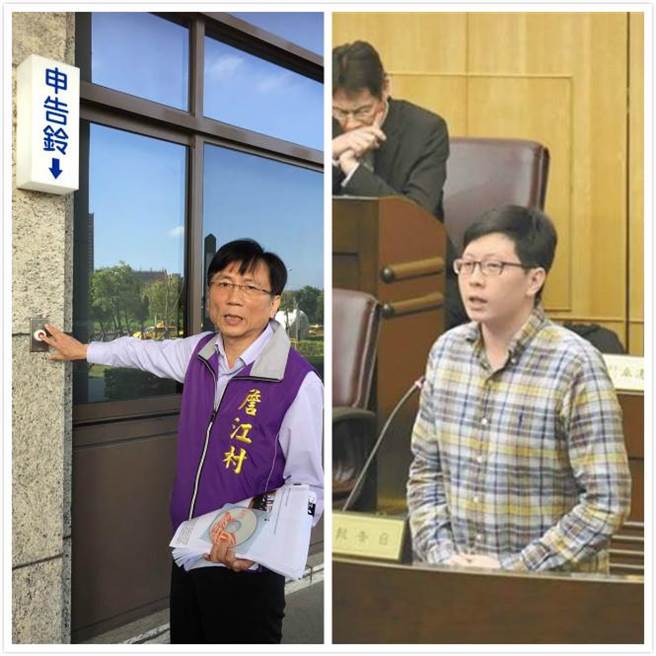 桃園市議員詹江村(左)選前到到桃園地檢署按鈴，控告當時的市議員候選人王浩宇(右)。(資料照)