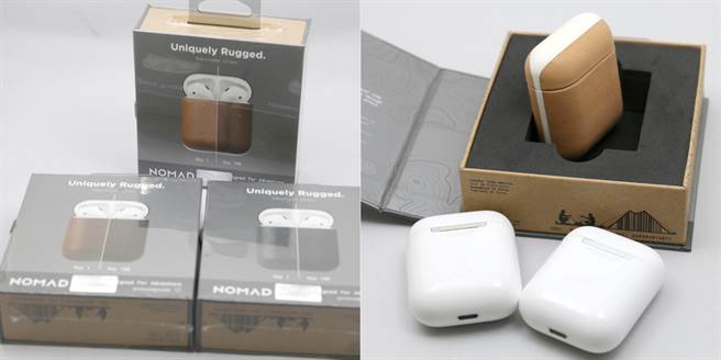 〈NOMAD〉美国NOMADXHORWEEN AirPods 专用经典皮革保护收纳盒(左)有多色款式，採用撞色设计(右)。(图／黄慧雯摄)