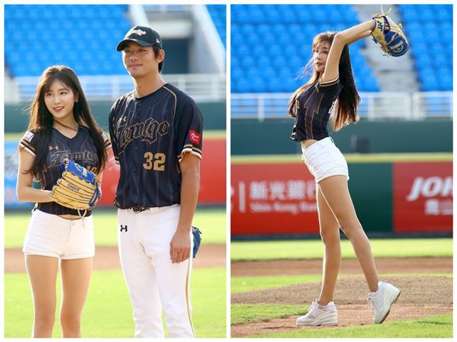 南韓國民女神安芝儇受邀來台為桃猿開球，大秀逆天長腿。（桃猿提供）
